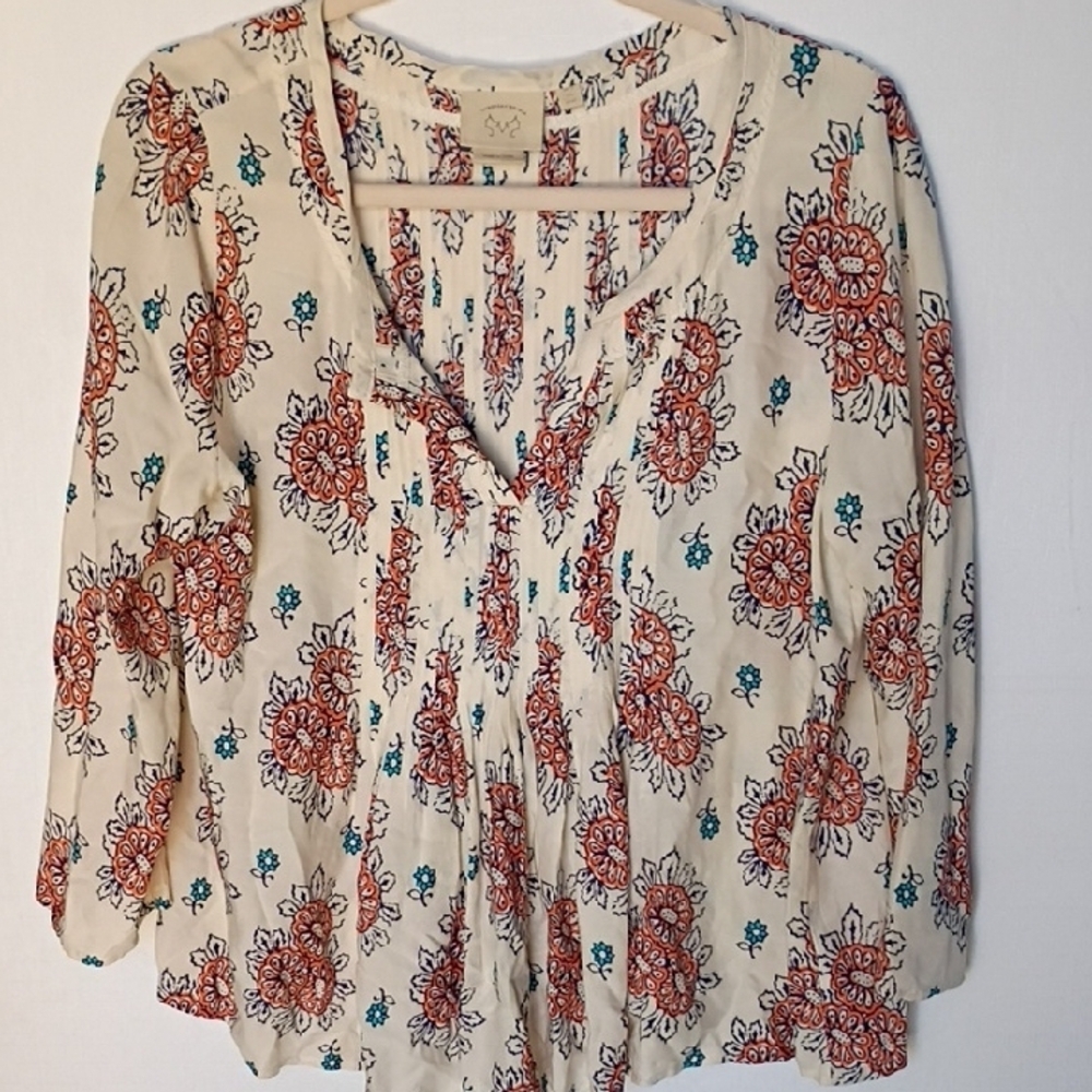 Anthropologie Top Vanessa Virginia Mahdia Floral Cream Swing Blouse Size 8 - Picture 3 of 10